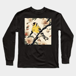 Vintage Goldfinch Bird Dad Bird Watching in Japanese Sakuras Long Sleeve T-Shirt